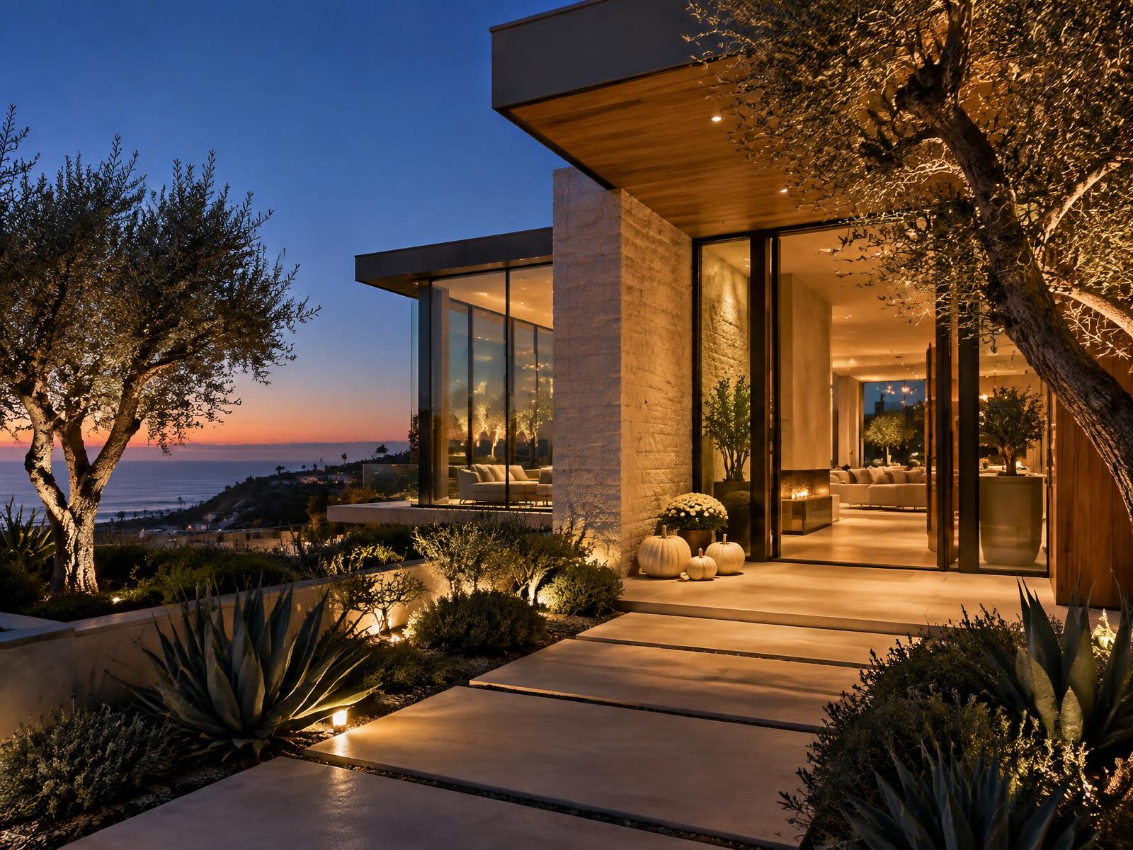 Southern California luxury home at twilight with cream pumpkins by the entry